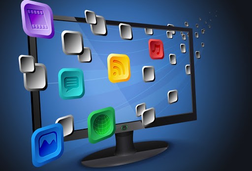 Illustration of flowing web app icons on cloud integrated widescreen Internet TV / computer. &#8211; it
